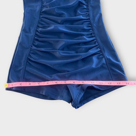 Vintage Inspired Halter One Piece Swimsuit Blue Ruched Retro Style Size M - Picture 6 of 7